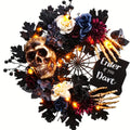 Eerie Illuminations: Skull Wreath with Spider Web and LEDs