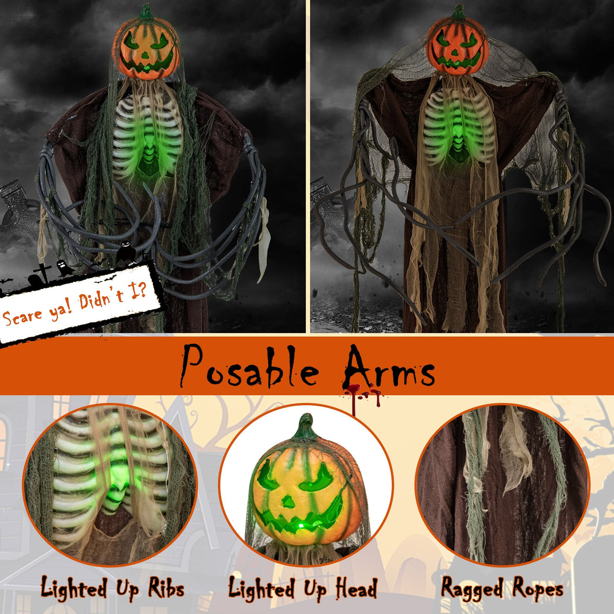 6 Feet Halloween Animatronics Light Up Talking Ghost Pumpkin with Glowing Ribs and Moving Head