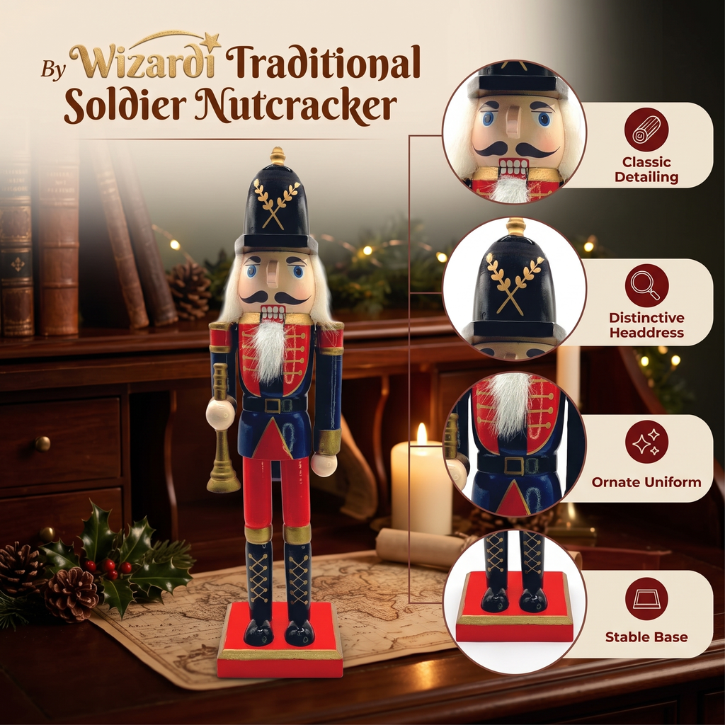 Christmas Nutcracker the Piper. Wizardi Classic Wooden Festive Decoration F07M14-39-N01365D