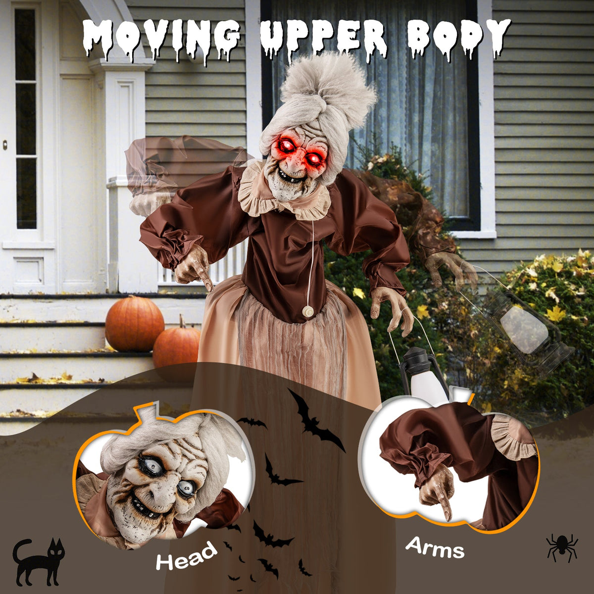 Life-Size Halloween Animatronic Moving and Talking Old Lady Hag Prop