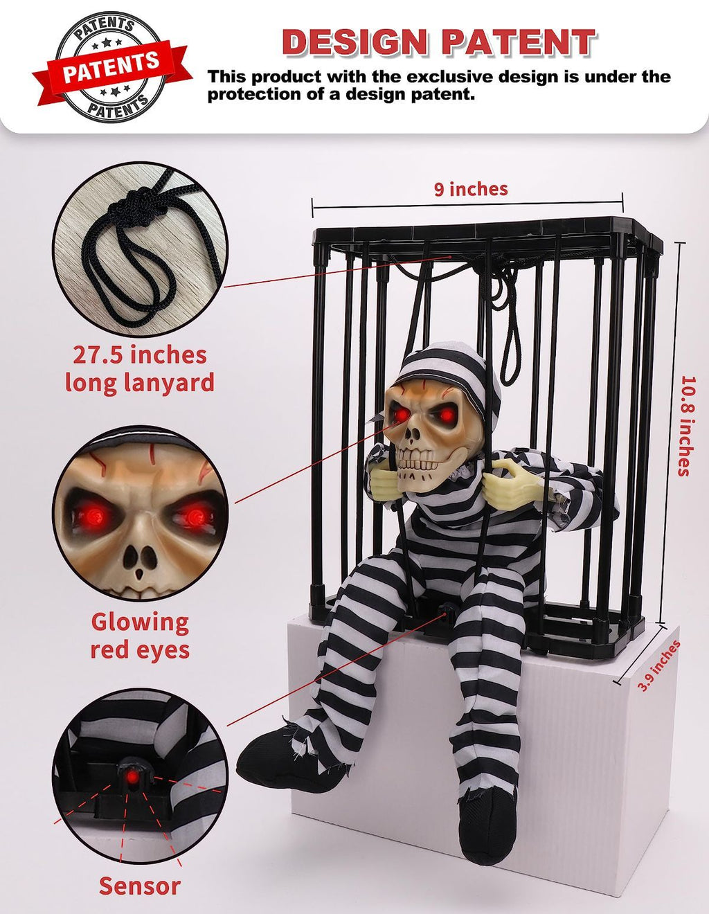Animated Halloween Skull Prisoner Decoration ‚Äì Infrared Sensor, Screaming Sound & Glowing Red Eye