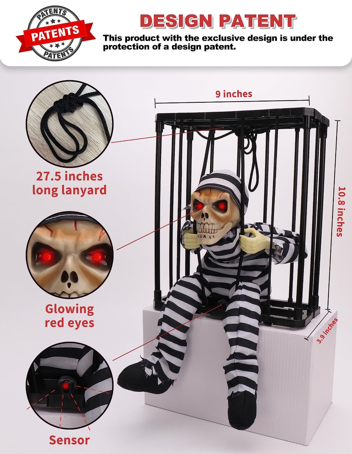 Animated Halloween Skull Prisoner Decoration ‚Äì Infrared Sensor, Screaming Sound & Glowing Red Eye