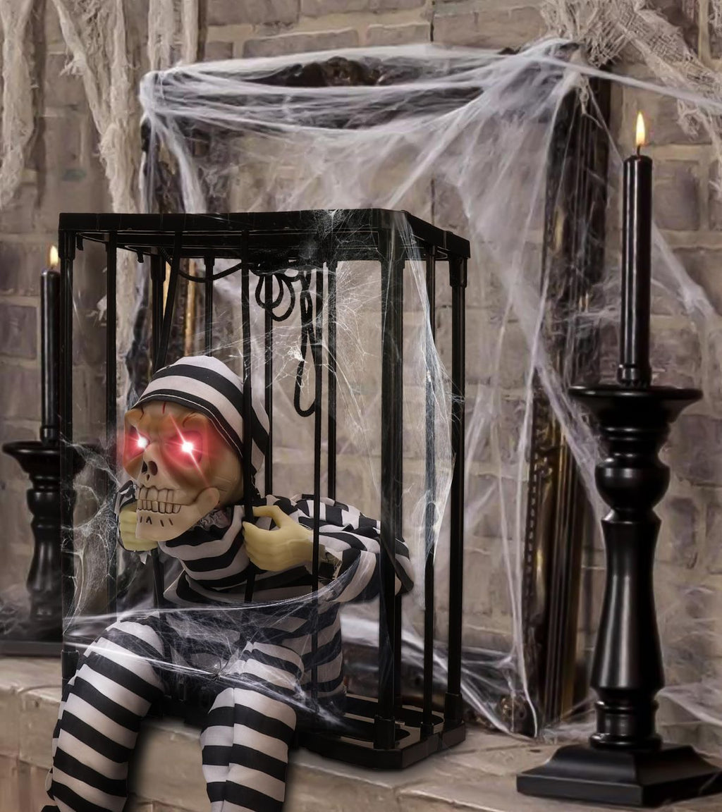 Animated Halloween Skull Prisoner Decoration ‚Äì Infrared Sensor, Screaming Sound & Glowing Red Eye