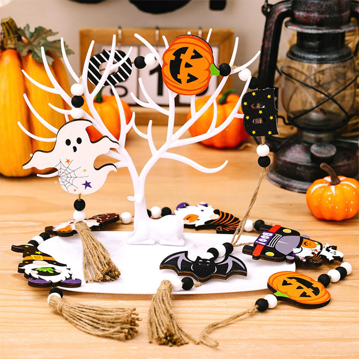 3pcs Halloween Wooden Bead Wreath Farmhouse Tree Pumpkin Spider Skeleton Ghost Plaque Wall Decoration Bead String