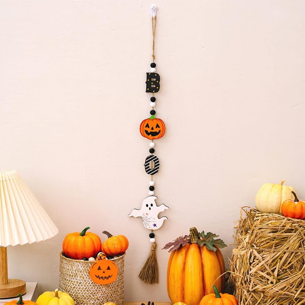 3pcs Halloween Wooden Bead Wreath Farmhouse Tree Pumpkin Spider Skeleton Ghost Plaque Wall Decoration Bead String