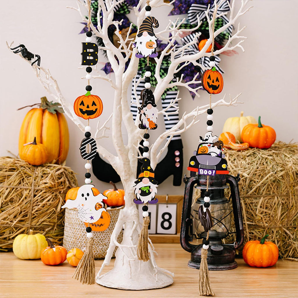 3pcs Halloween Wooden Bead Wreath Farmhouse Tree Pumpkin Spider Skeleton Ghost Plaque Wall Decoration Bead String