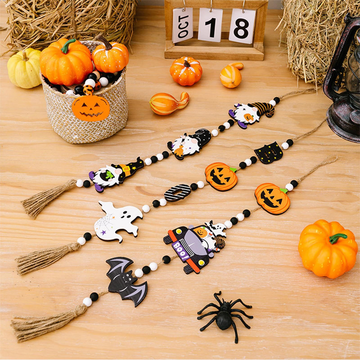 3pcs Halloween Wooden Bead Wreath Farmhouse Tree Pumpkin Spider Skeleton Ghost Plaque Wall Decoration Bead String
